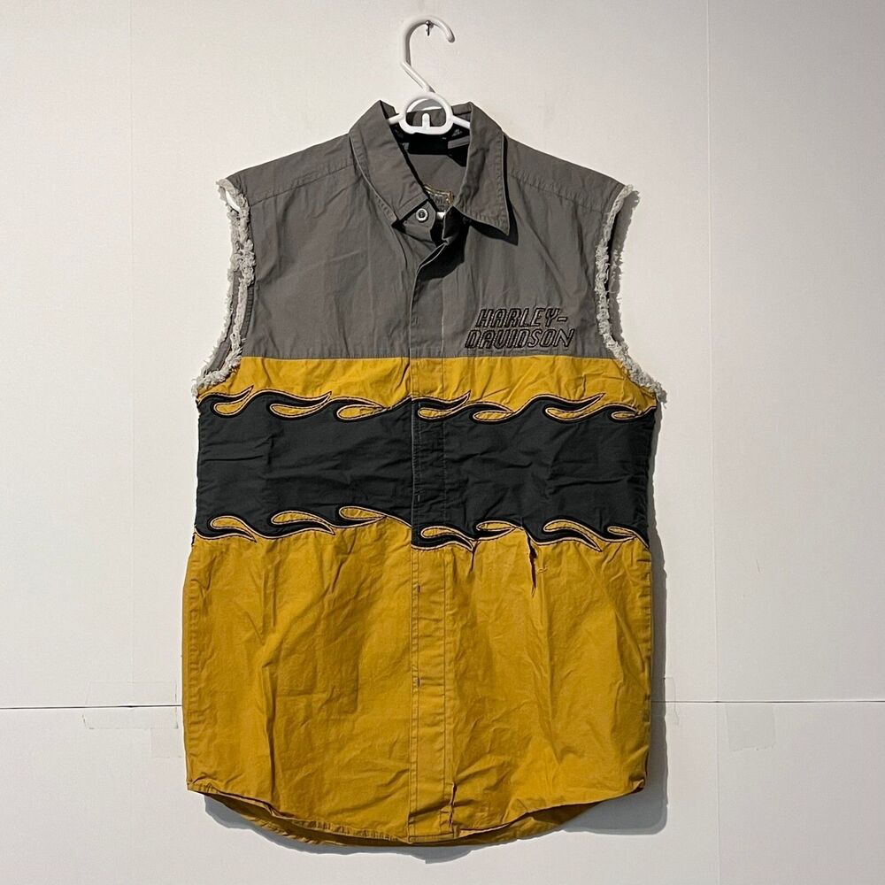 Vintage Harley Davidson Mens Vest Shirt Size S Ripped Torn Flames Distressed 00S